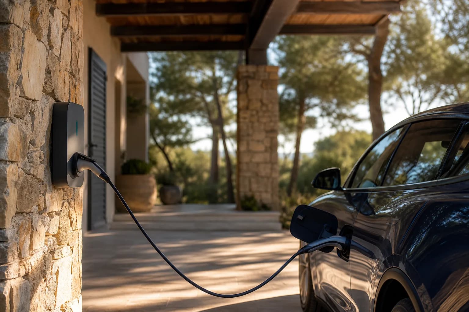 Borne de recharge murale alimentant une voiture électrique sous l’auvent d’une villa