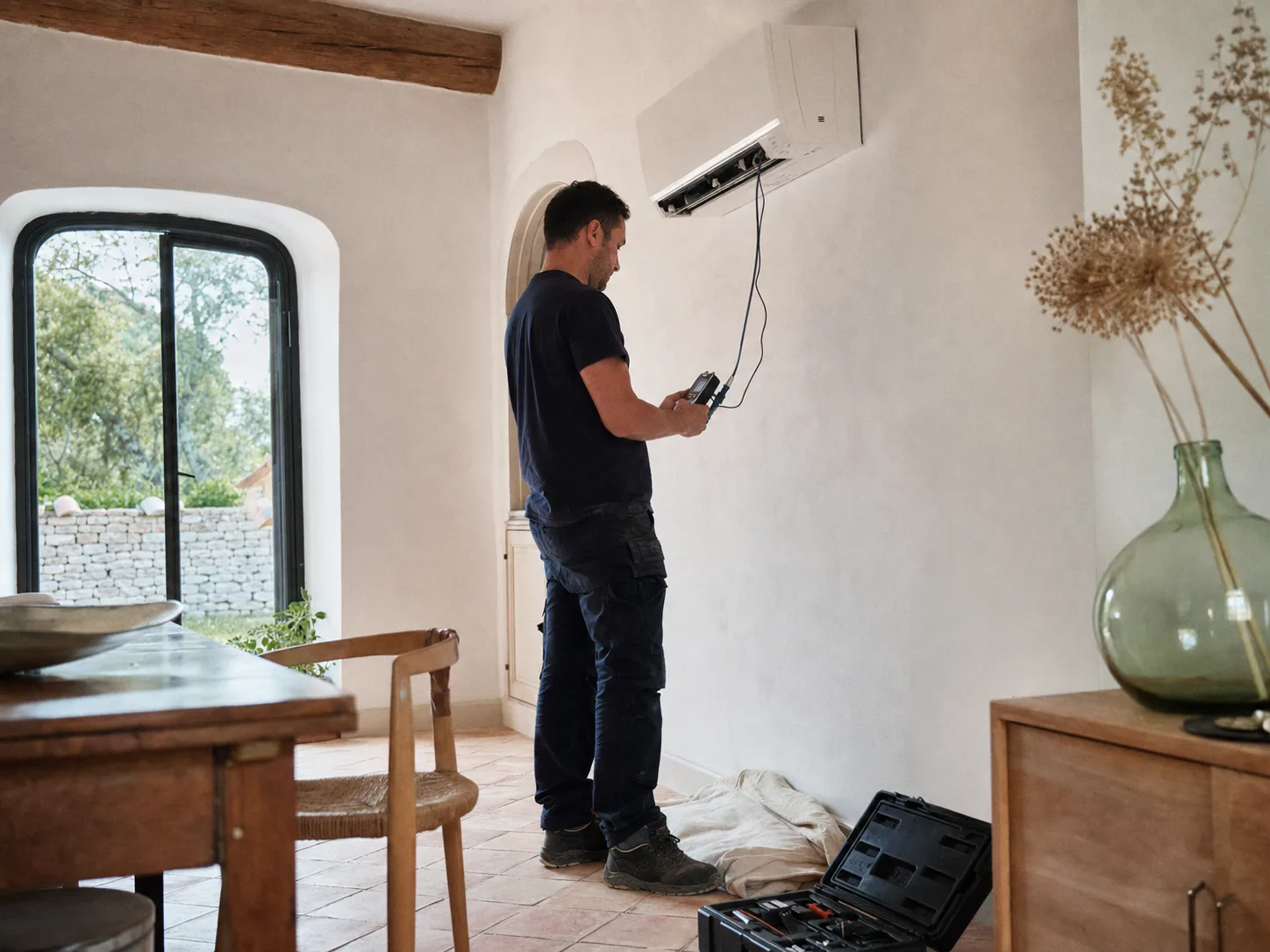 Technicien contrôlant une climatisation dans un intérieur méditerranéen