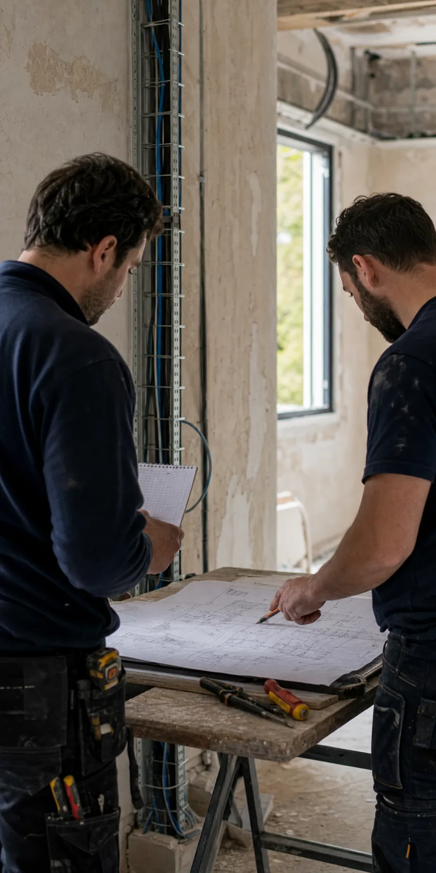 Deux techniciens préparent une installation à partir des plans du chantier