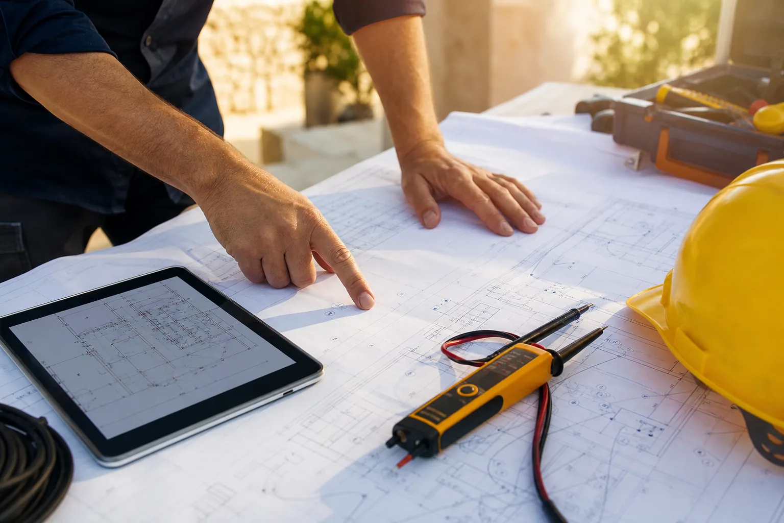 Préparation d’un chantier sur plans : schémas électriques, tablette et testeur