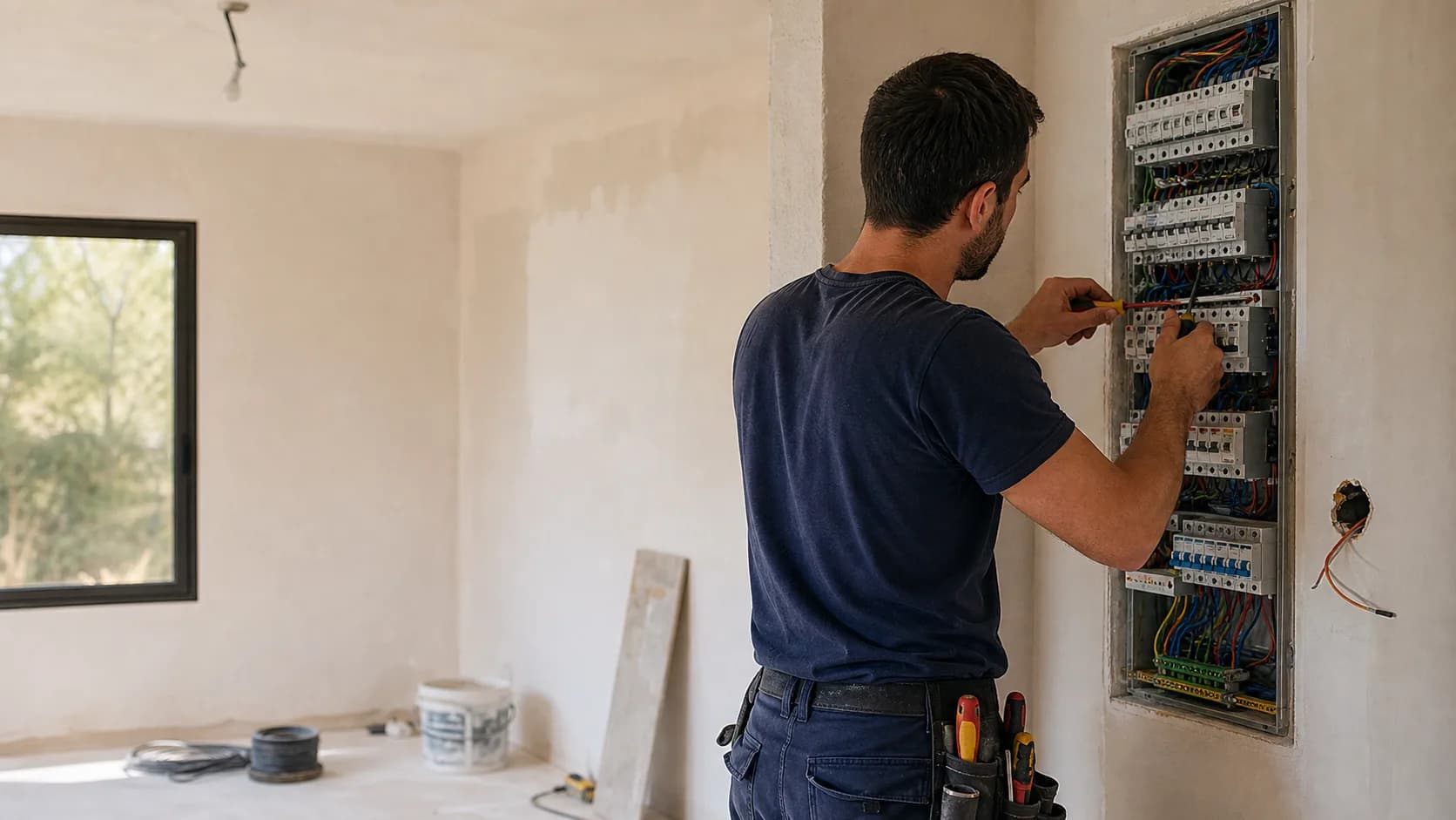 Électricien intervenant sur un tableau pendant la rénovation d’un logement dans le Var