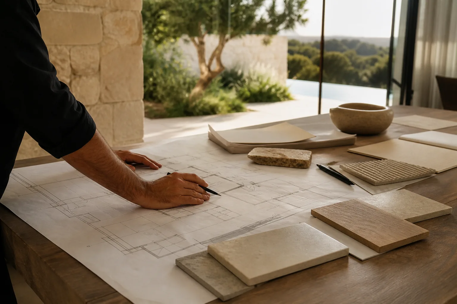 Professionnel étudiant les plans d’une villa avec des échantillons de matériaux