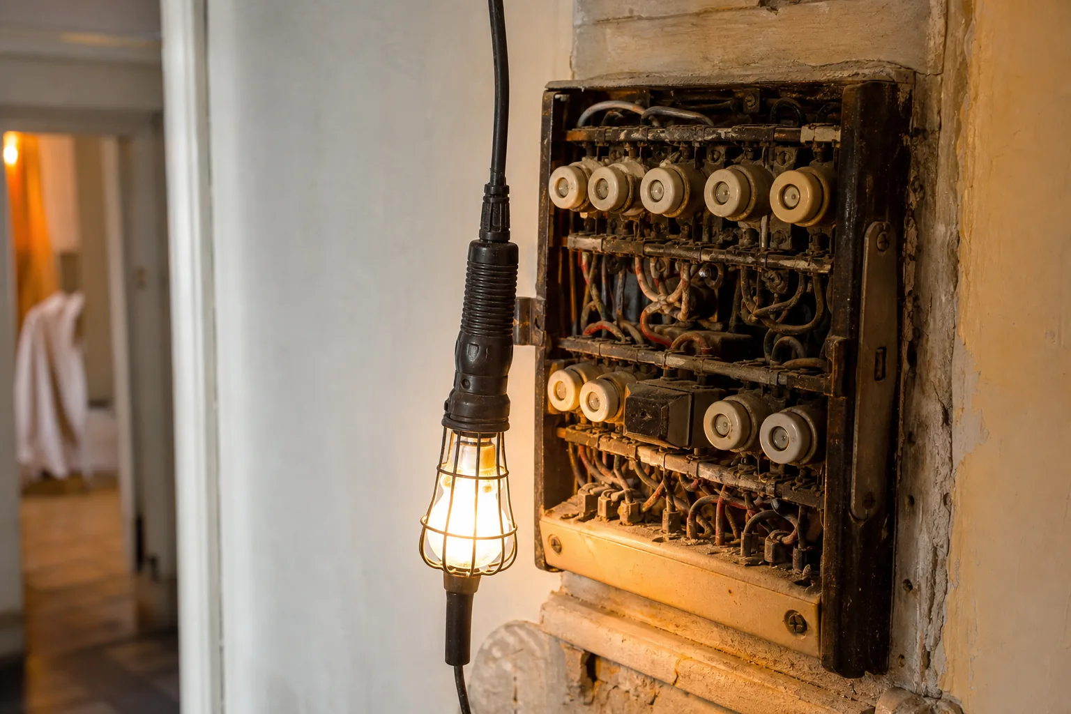 Ancien tableau à fusibles en porcelaine inspecté à la lampe avant rénovation