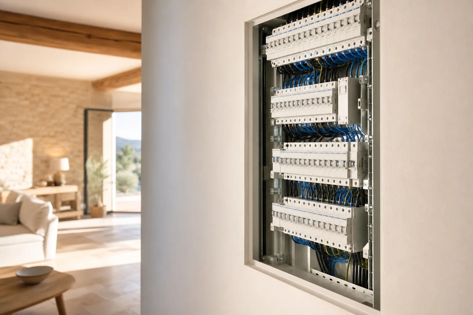 Tableau électrique neuf au câblage soigné dans une villa provençale rénovée